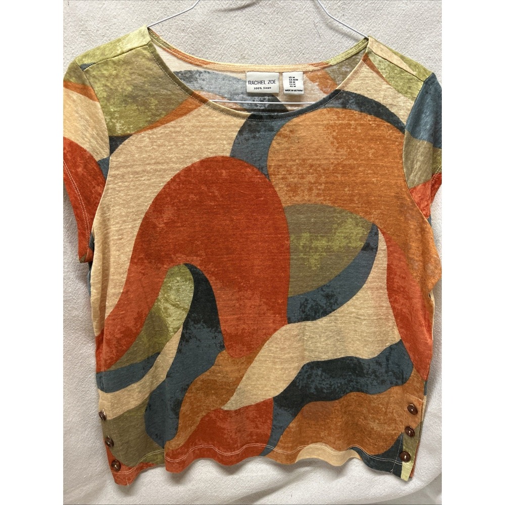 RACHEL ZOE Orange/Multi-Color Short Sleeve 100% LINEN T-Shirt TEE Size M Flowy
